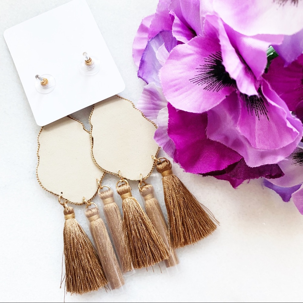 Studded Brown Leather Triple Tassel Earrings - Picture 5 of 7